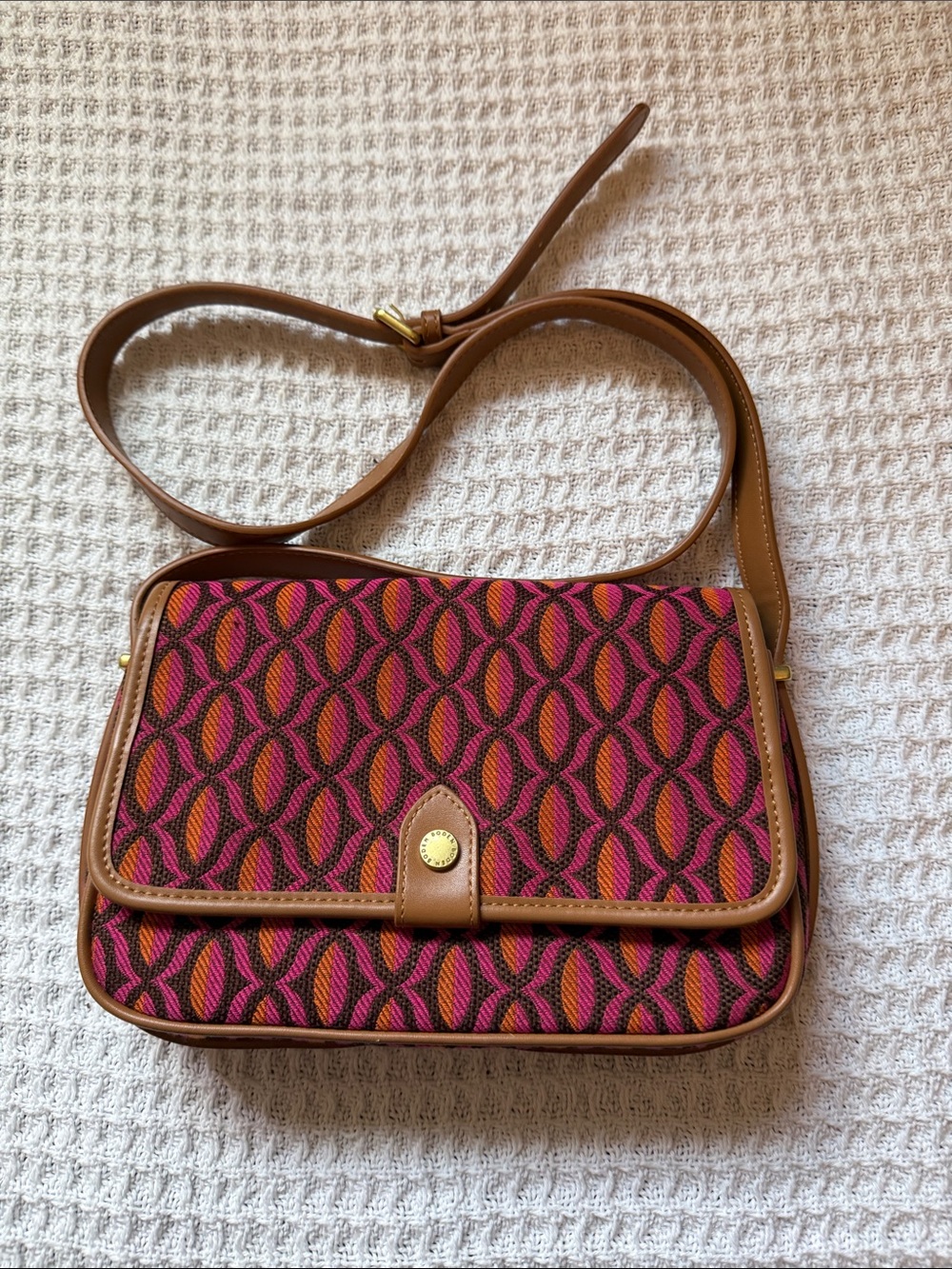 Boden Pink & Orange Geometric Crossbody with Brown Trim